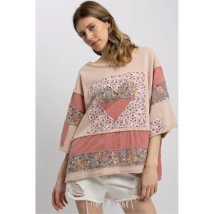 Blue Velvet French Terry and Mixed Print Patched Top in Pale Pink Multi Size S